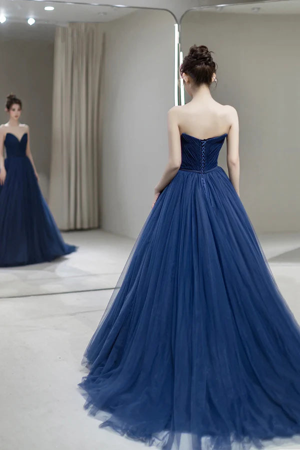 Blue Strapless Tulle Long Formal Dress A-Line Sweetheart Neckline Evening Dress