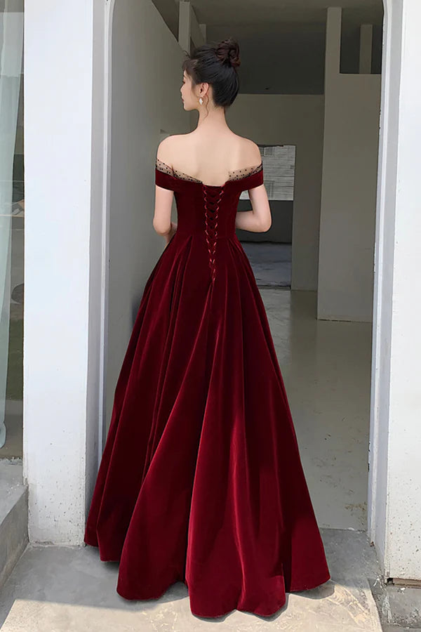 Burgundy Velvet Floor Length Prom Dress Beautiful A-Line Evening Party Dress