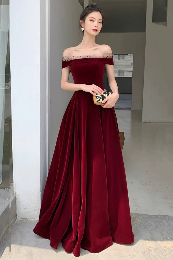 Burgundy Velvet Floor Length Prom Dress Beautiful A-Line Evening Party Dress