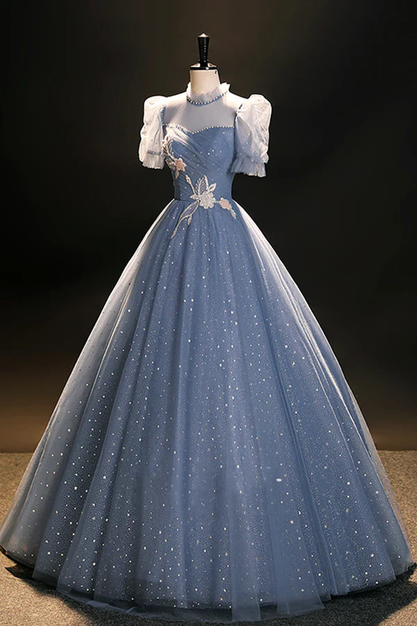 Blue Tulle Floor Length Prom Dress A-Line Short Sleeve Evening Dress