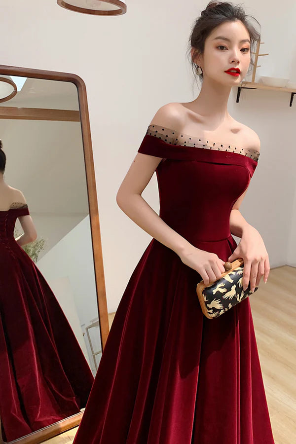 Burgundy Velvet Floor Length Prom Dress Beautiful A-Line Evening Party Dress