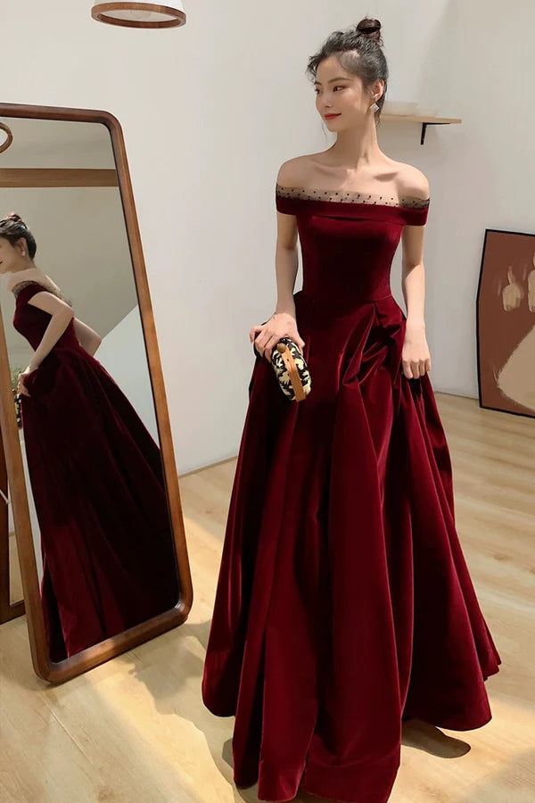 Burgundy Velvet Floor Length Prom Dress Beautiful A-Line Evening Party Dress