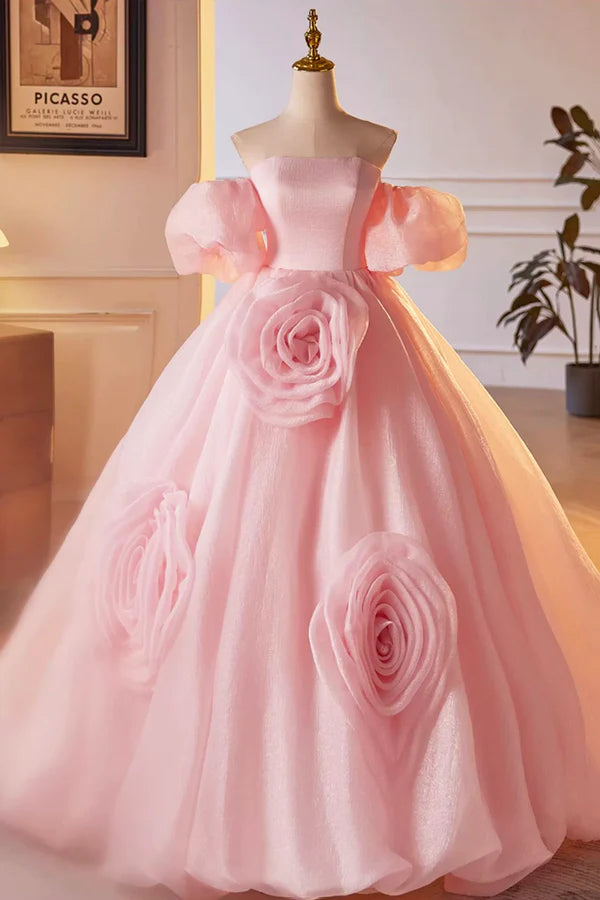 Pink A-Line Sweetheart Ball Gown Formal Dress with Flowers Off the Shoulder Evening Party Dress