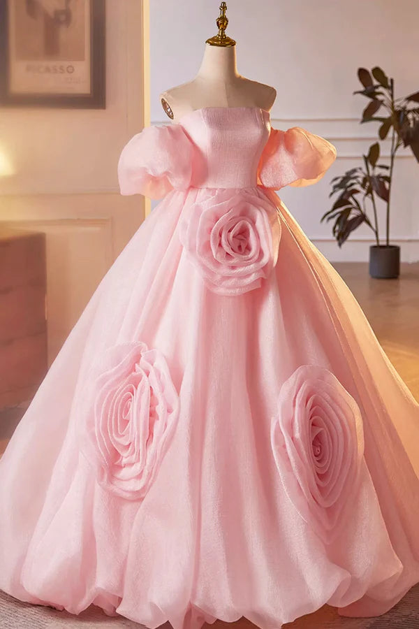 Pink A-Line Sweetheart Ball Gown Formal Dress with Flowers Off the Shoulder Evening Party Dress
