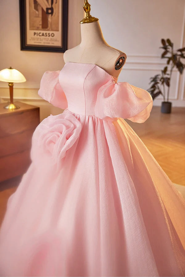 Pink A-Line Sweetheart Ball Gown Formal Dress with Flowers Off the Shoulder Evening Party Dress
