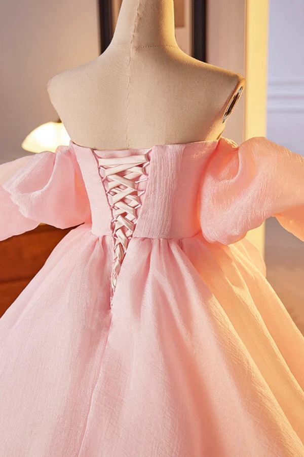 Pink A-Line Sweetheart Ball Gown Formal Dress with Flowers Off the Shoulder Evening Party Dress