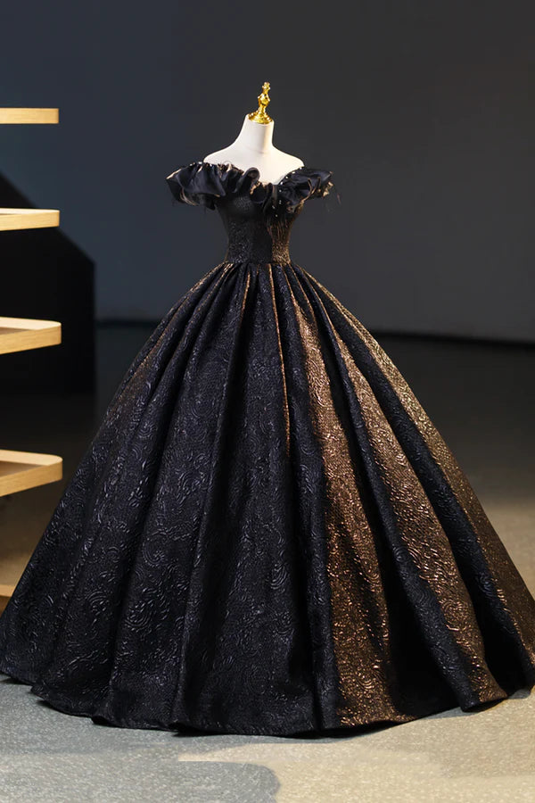 Black Floor Length V-neck Off the Shoulder Formal Dress Black A-Line Evening Dress