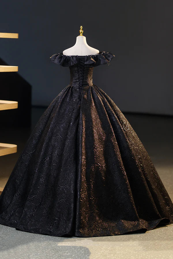 Black Floor Length V-neck Off the Shoulder Formal Dress Black A-Line Evening Dress