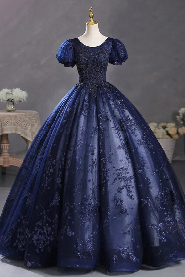 Blue Tulle Sequins Long Formal Dress A-Line Short Sleeve Evening Party Dress