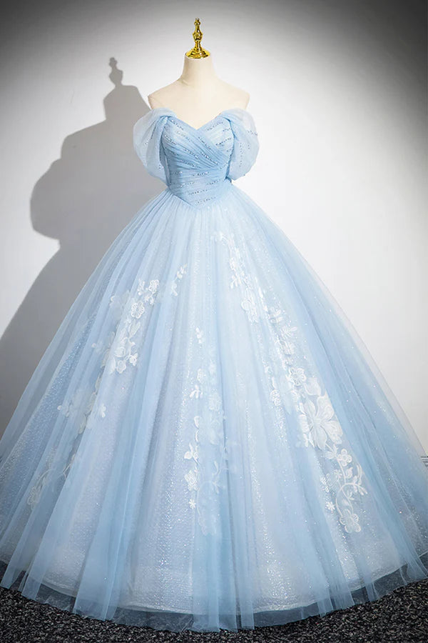 Blue Tulle Lace Long Prom Dress Off the Shoulder Evening Party Dress