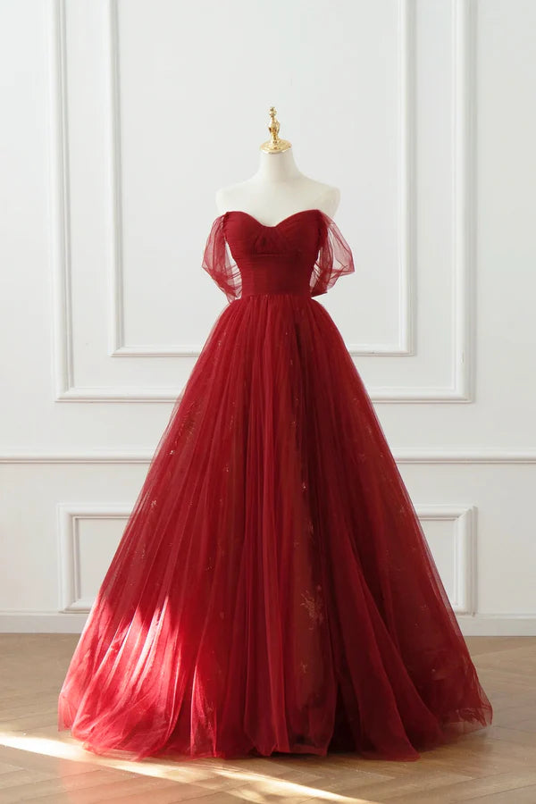Burgundy Tulle Floor Length A-Line Formal Dress Off the Shoulder Evening Party Dress