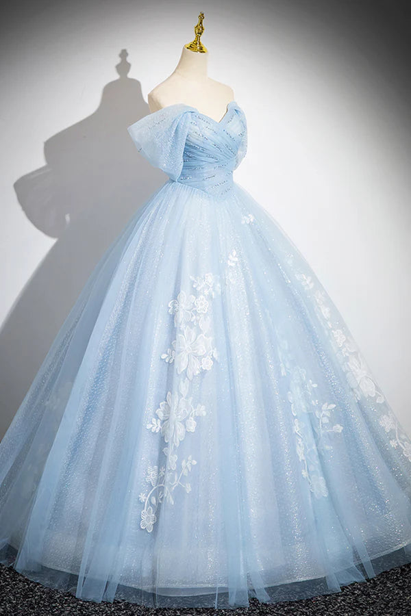 Blue Tulle Lace Long Prom Dress Off the Shoulder Evening Party Dress