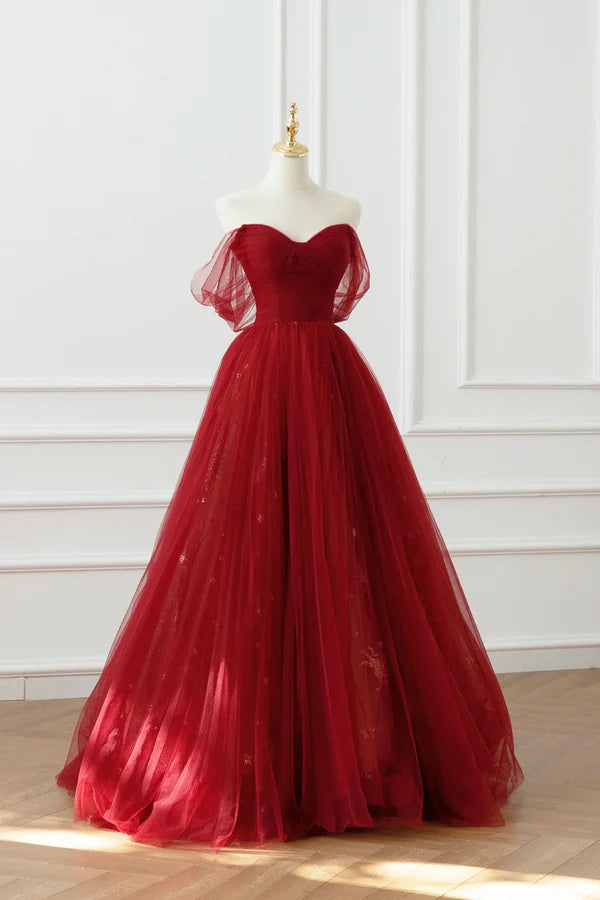 Burgundy Tulle Floor Length A-Line Formal Dress Off the Shoulder Evening Party Dress
