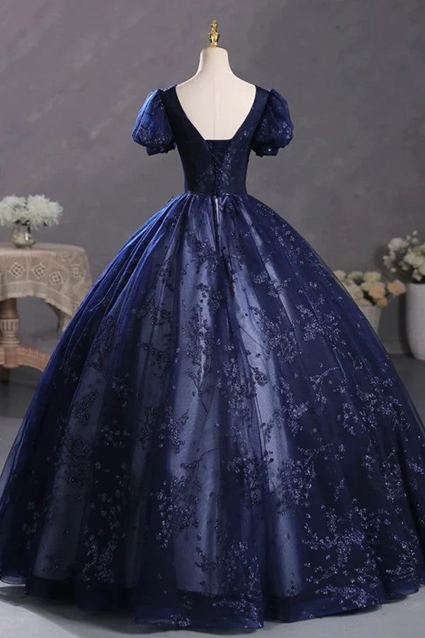 Blue Tulle Sequins Long Formal Dress A-Line Short Sleeve Evening Party Dress