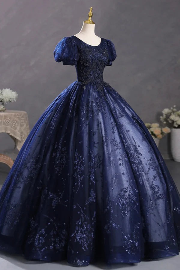 Blue Tulle Sequins Long Formal Dress A-Line Short Sleeve Evening Party Dress