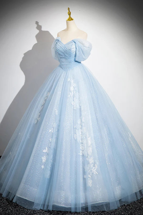 Blue Tulle Lace Long Prom Dress Off the Shoulder Evening Party Dress