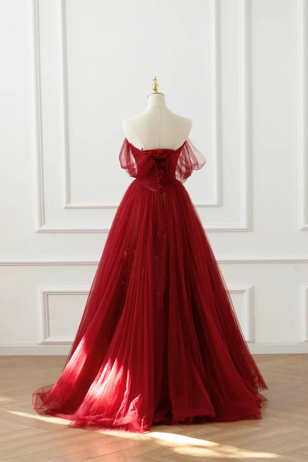 Burgundy Tulle Floor Length A-Line Formal Dress Off the Shoulder Evening Party Dress