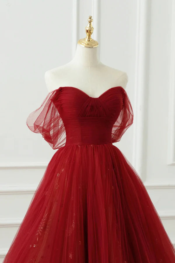 Burgundy Tulle Floor Length A-Line Formal Dress Off the Shoulder Evening Party Dress