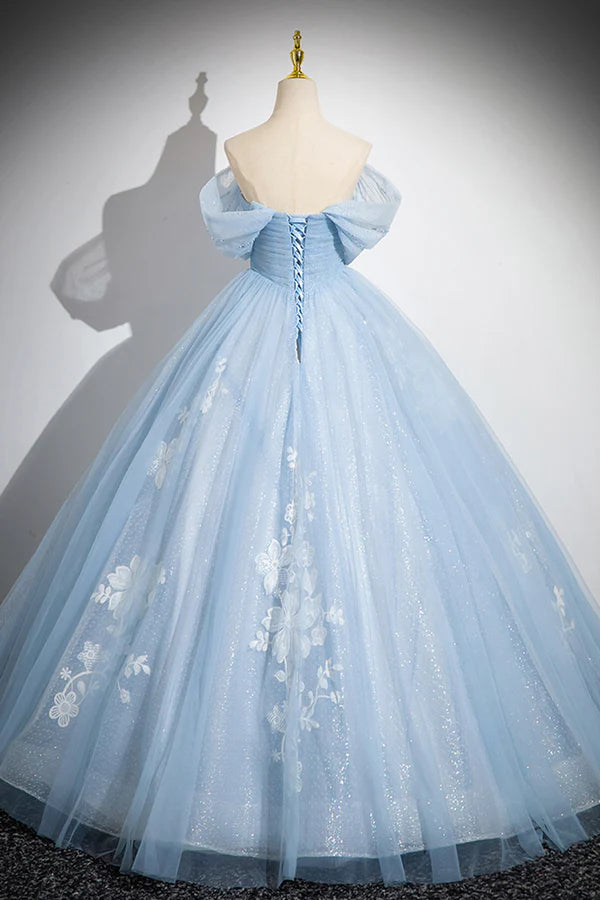 Blue Tulle Lace Long Prom Dress Off the Shoulder Evening Party Dress