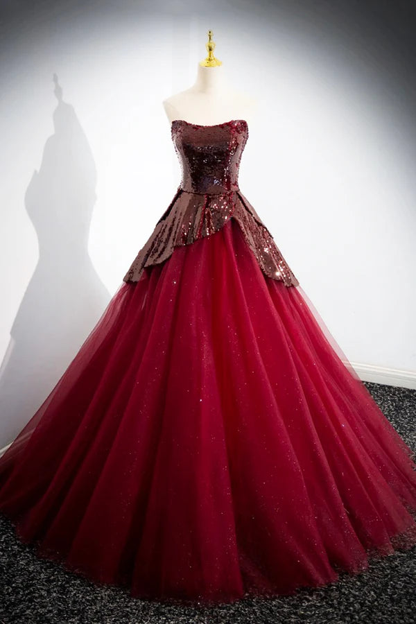 Burgundy Sequins Tulle Long Prom Dress Elegant A-Line Evening Dress