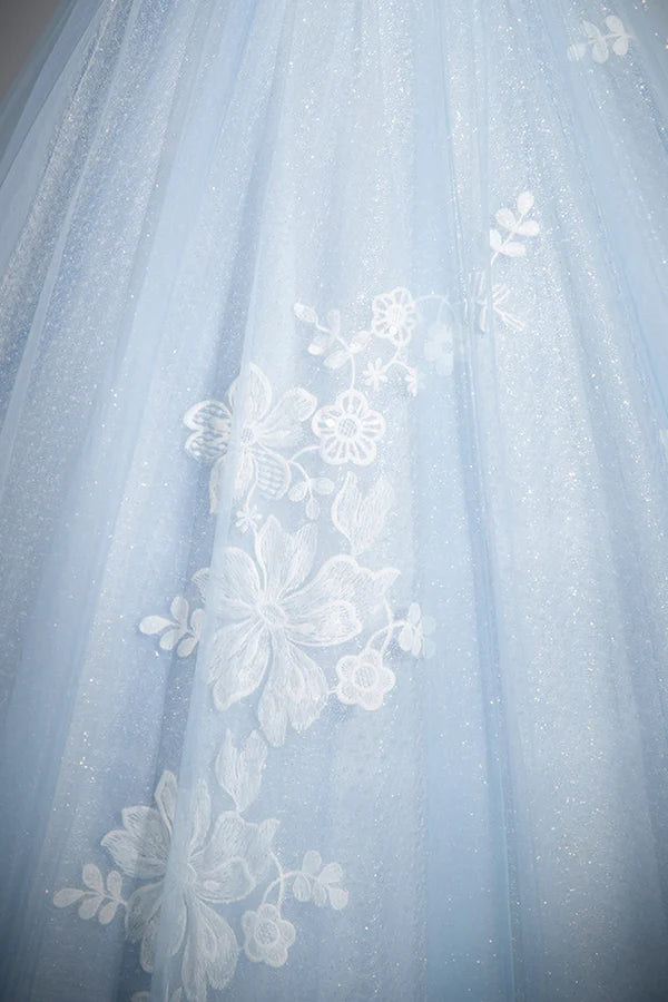 Blue Tulle Lace Long Prom Dress Off the Shoulder Evening Party Dress