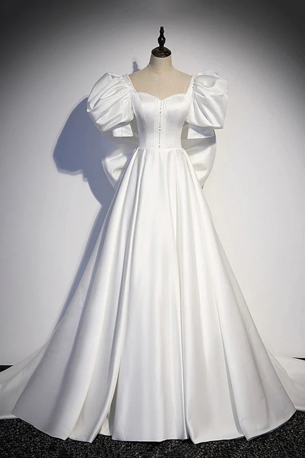 White Satin Long Prom Dress Beautiful Short Sleeve Evening Dress with Bow