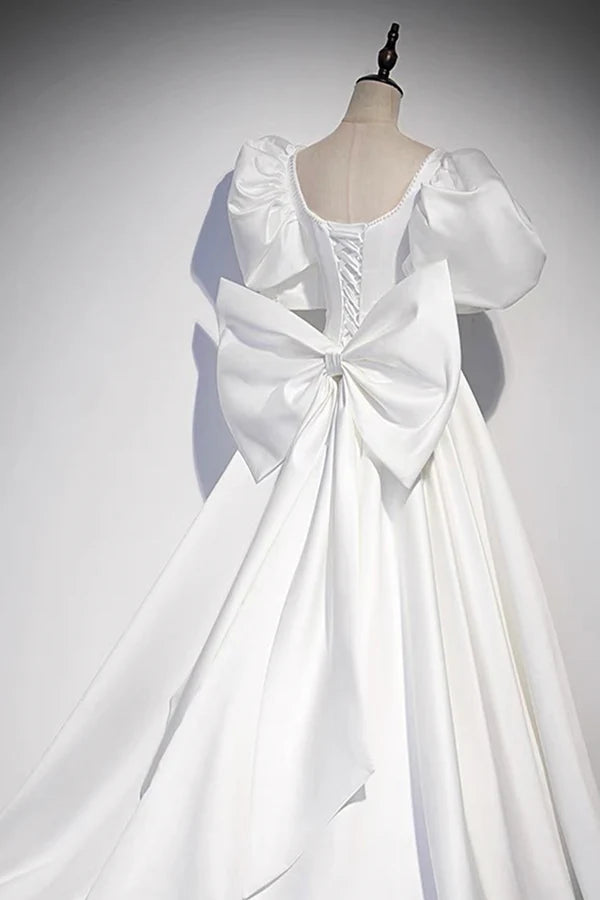 White Satin Long Prom Dress Beautiful Short Sleeve Evening Dress with Bow