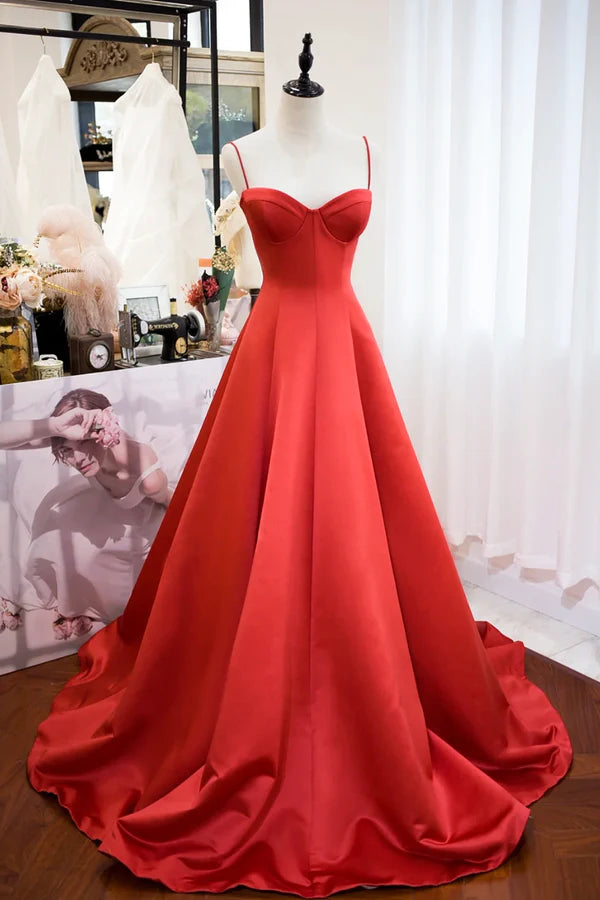 Red Spaghetti Strap Satin Long Prom Dress Simple A-Line Evening Party Dress