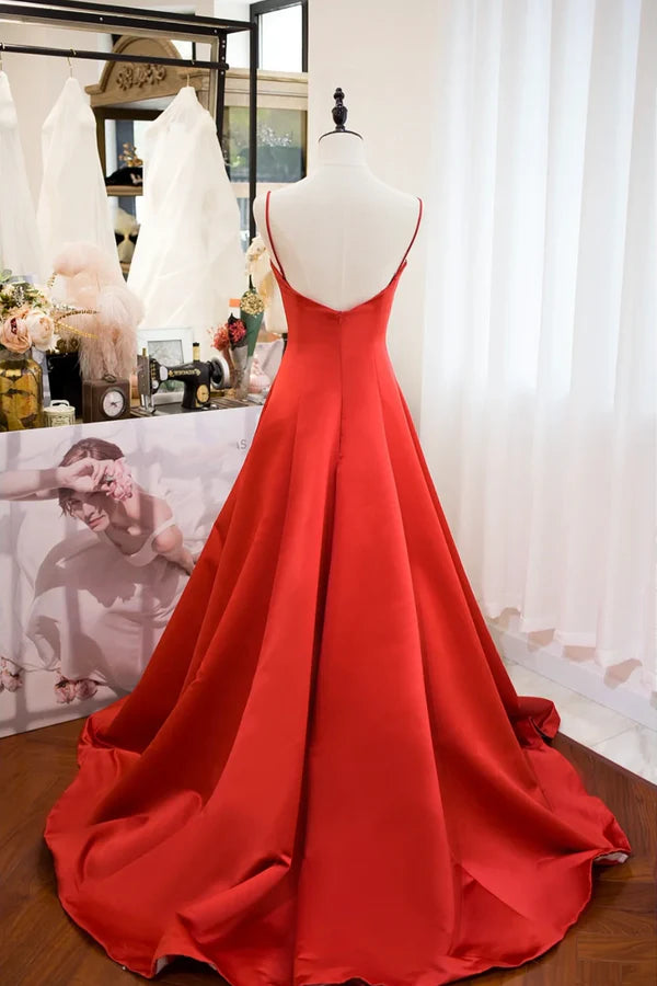 Red Spaghetti Strap Satin Long Prom Dress Simple A-Line Evening Party Dress