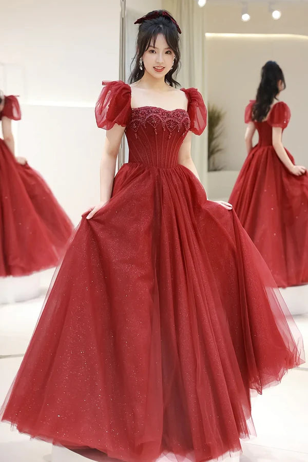 Burgundy Tulle Beaded Floor Length Prom Dress Beautiful Short Sleeve Evening Party Dress