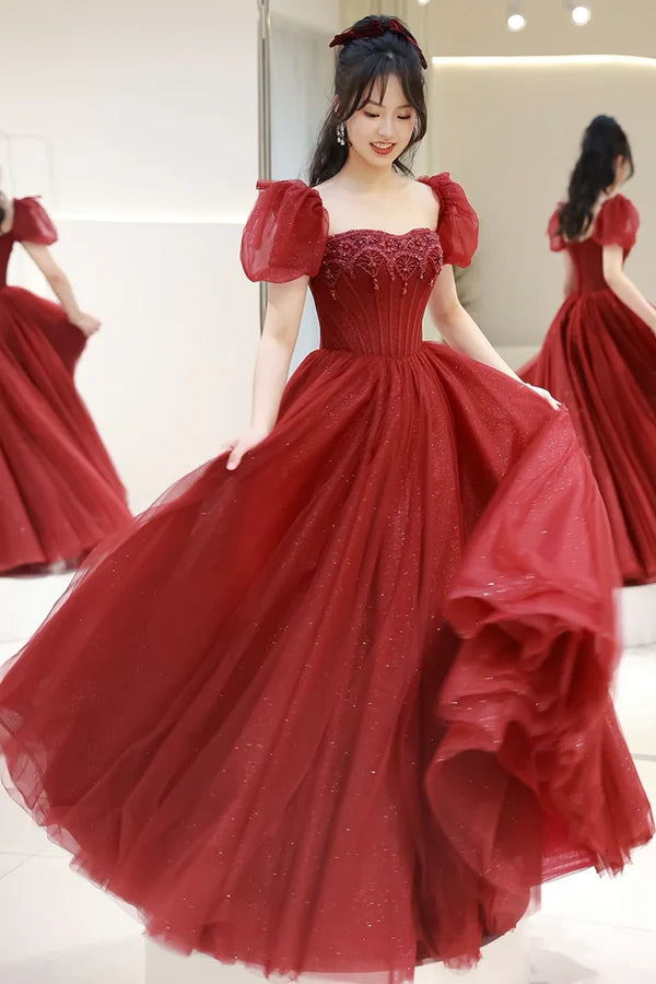 Burgundy Tulle Beaded Floor Length Prom Dress Beautiful Short Sleeve Evening Party Dress