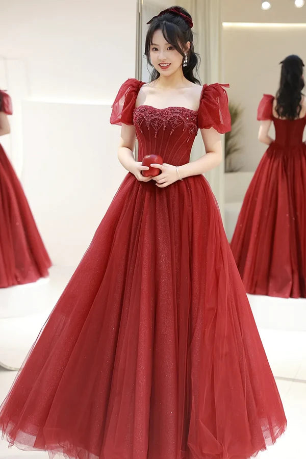 Burgundy Tulle Beaded Floor Length Prom Dress Beautiful Short Sleeve Evening Party Dress