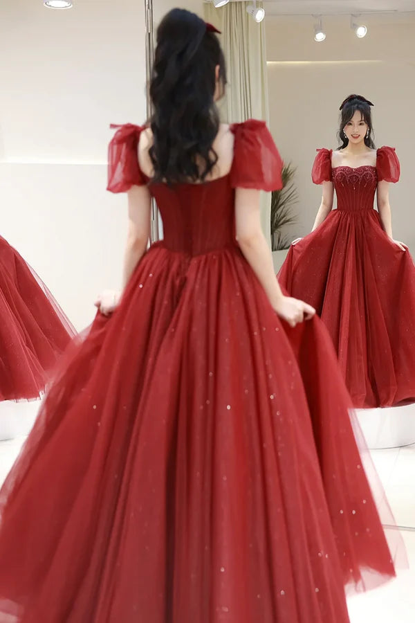 Burgundy Tulle Beaded Floor Length Prom Dress Beautiful Short Sleeve Evening Party Dress