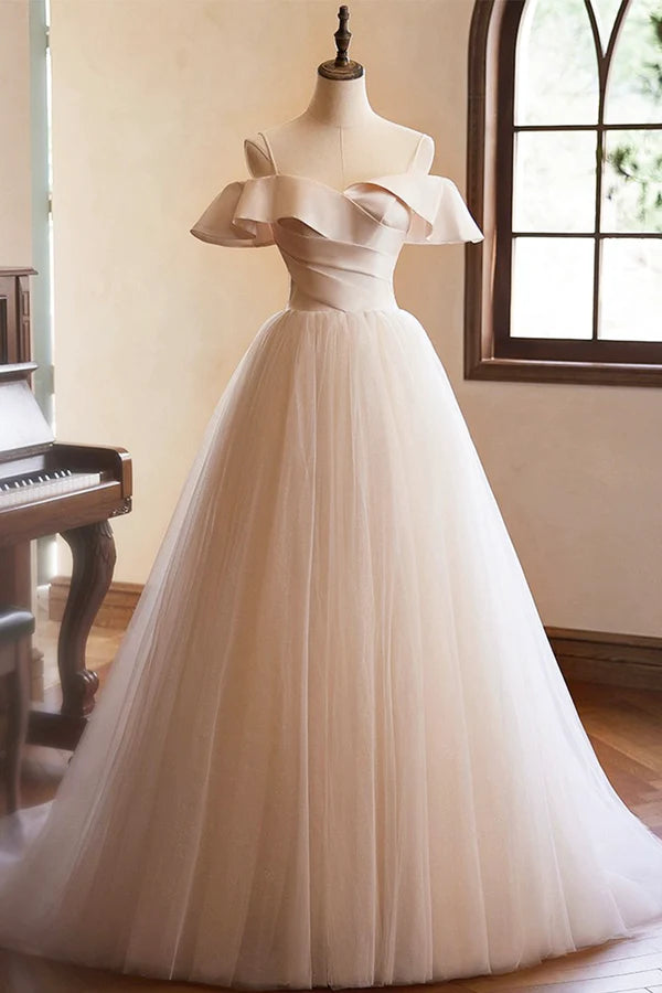 Champagne Spaghetti Straps Floor Length Prom Dresses A-Line Sleeveless Backless Evening Party Dress