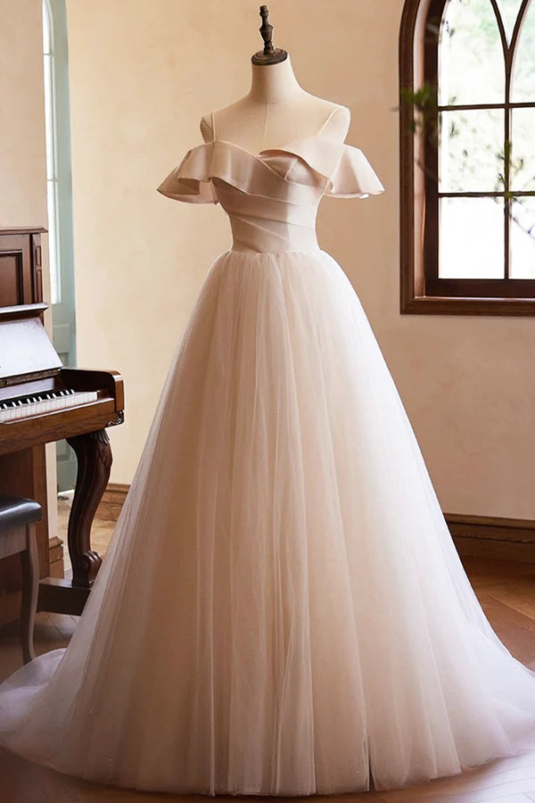 Champagne Spaghetti Straps Floor Length Prom Dresses A-Line Sleeveless Backless Evening Party Dress