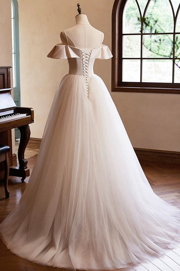 Champagne Spaghetti Straps Floor Length Prom Dresses A-Line Sleeveless Backless Evening Party Dress