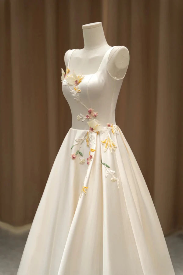 Light Champagne Satin Long Formal Dress with 3D Flowers Elegant A-Line Evening Party Dress