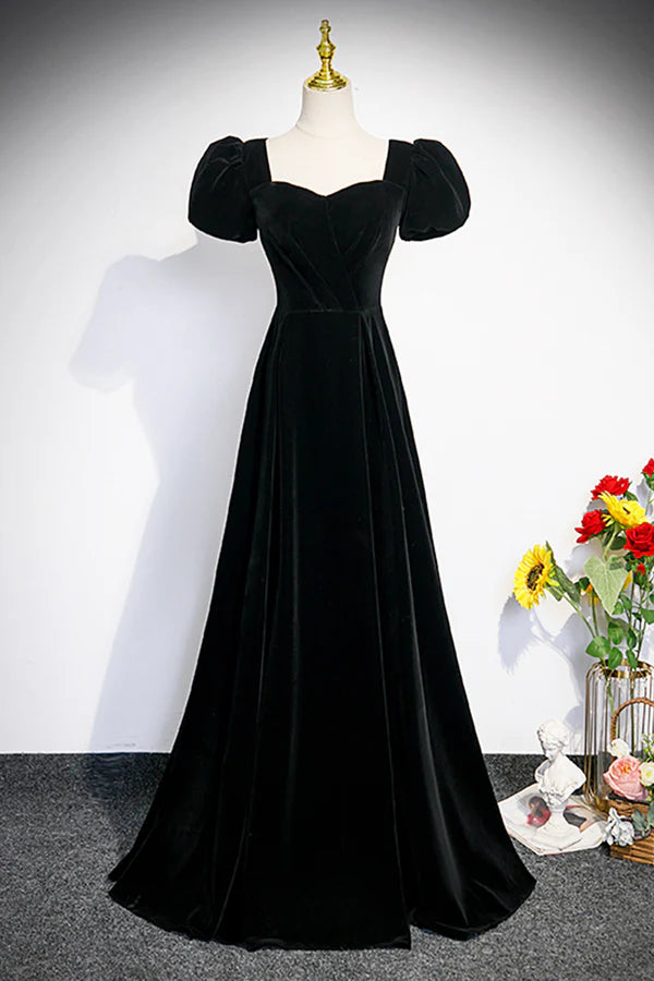 Black Velvet Short Sleeve Floor Length Prom Dress Simple A-Line Evening Party Dress