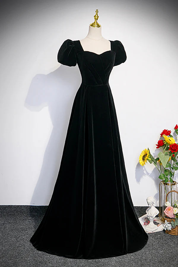 Black Velvet Short Sleeve Floor Length Prom Dress Simple A-Line Evening Party Dress