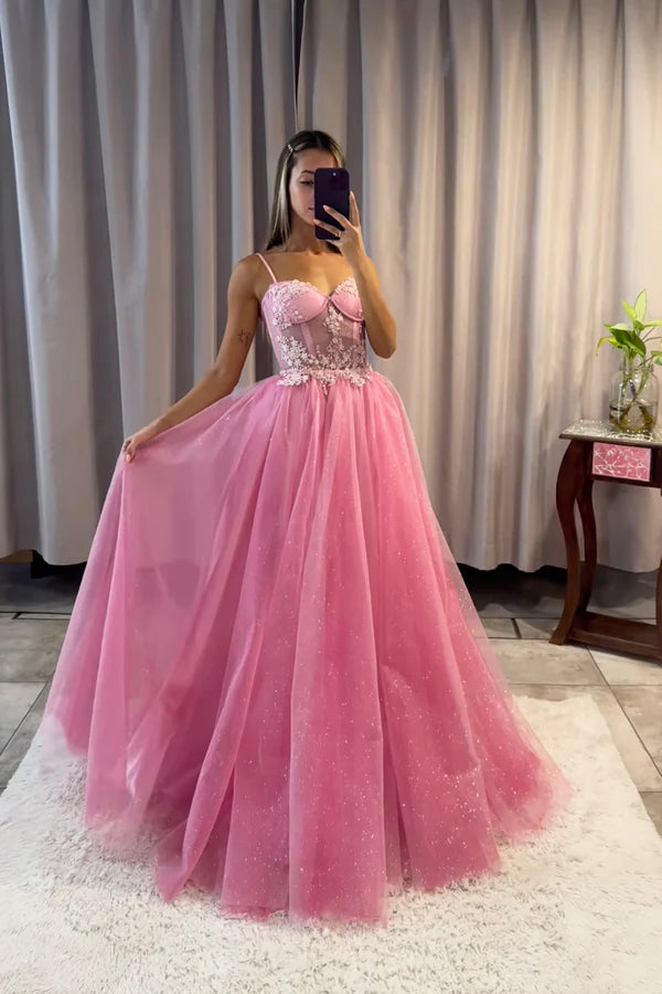 Pink Spaghetti Strap Tulle Lace Long Prom Dress Beautiful A-Line Evening Party Dress