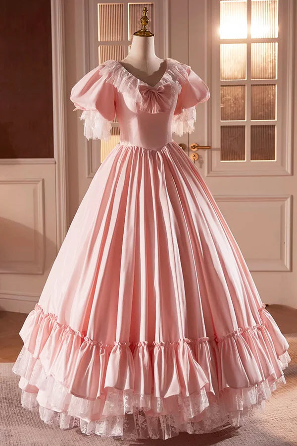 Pink Satin Lace Long Prom Dress Pink Short Sleeve Evening Party Dress
