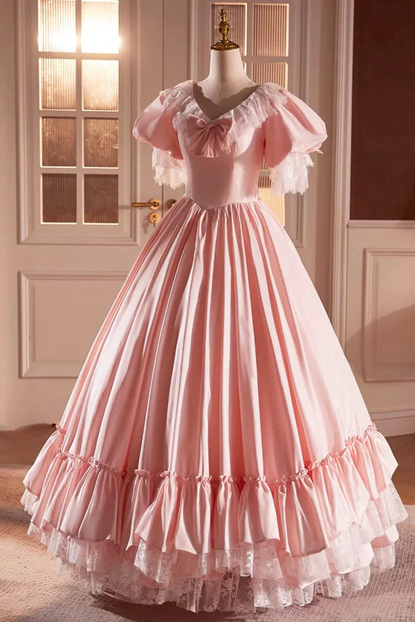 Pink Satin Lace Long Prom Dress Pink Short Sleeve Evening Party Dress