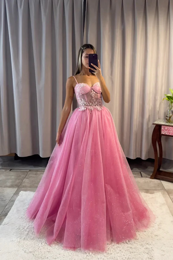 Pink Spaghetti Strap Tulle Lace Long Prom Dress Beautiful A-Line Evening Party Dress