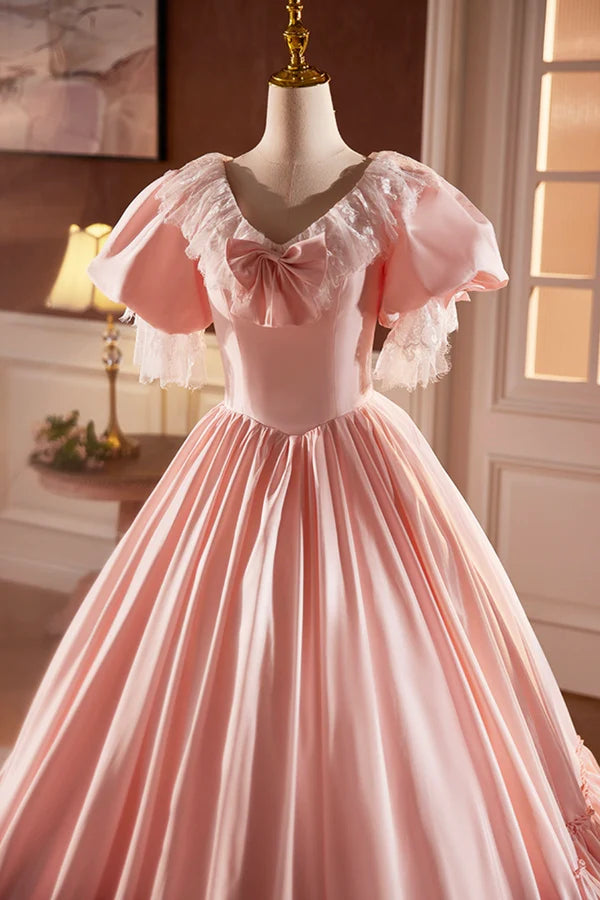 Pink Satin Lace Long Prom Dress Pink Short Sleeve Evening Party Dress