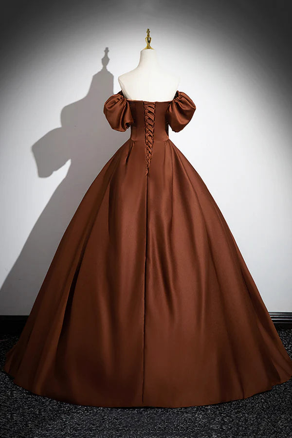 Brown Satin Long A-Line Prom Dress Off the Shoulder Evening Party Dress