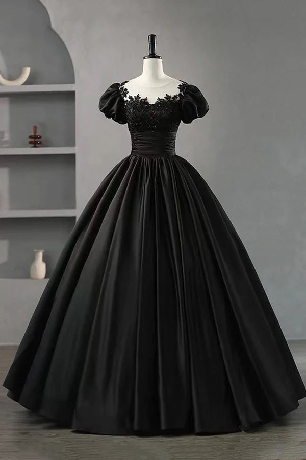 Black Satin Lace Long Prom Dress A-Line Scoop Neckline Short Sleeve Evening Dress