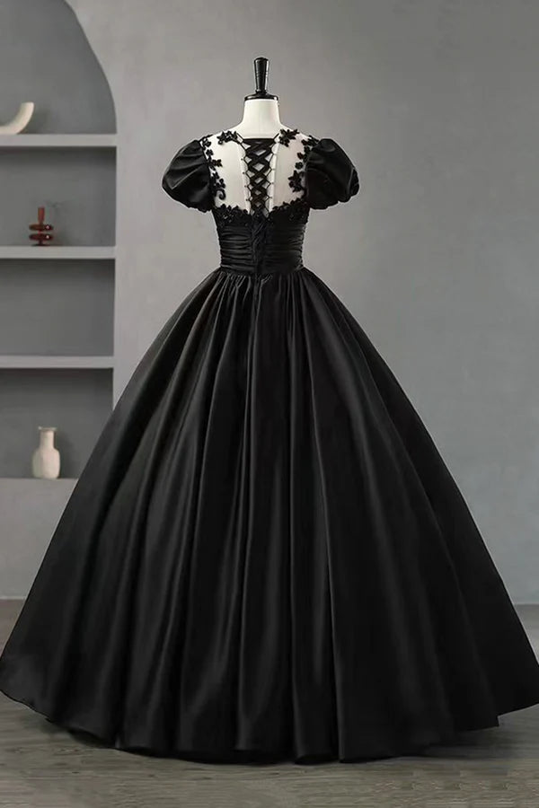 Black Satin Lace Long Prom Dress A-Line Scoop Neckline Short Sleeve Evening Dress