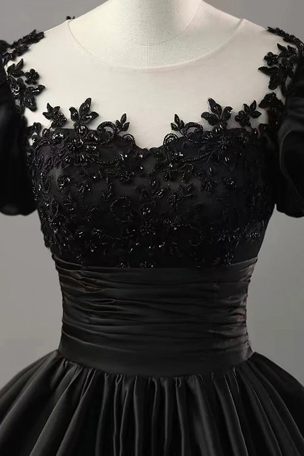 Black Satin Lace Long Prom Dress A-Line Scoop Neckline Short Sleeve Evening Dress