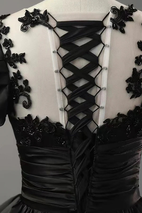 Black Satin Lace Long Prom Dress A-Line Scoop Neckline Short Sleeve Evening Dress