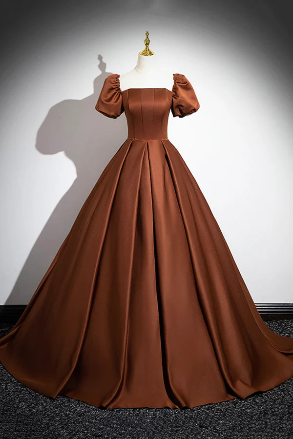 Brown Satin Long A-Line Prom Dress Off the Shoulder Evening Party Dress